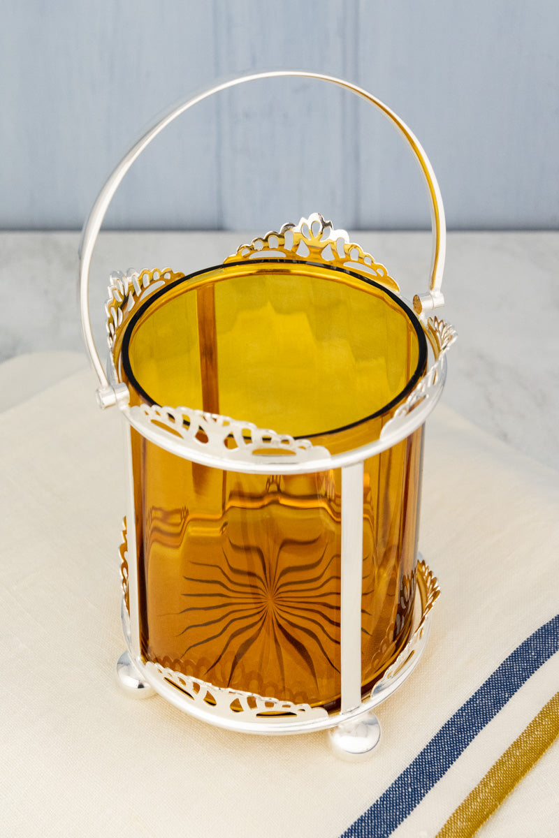 Antique English Silverplate & Amber Glass Biscuit Barrel