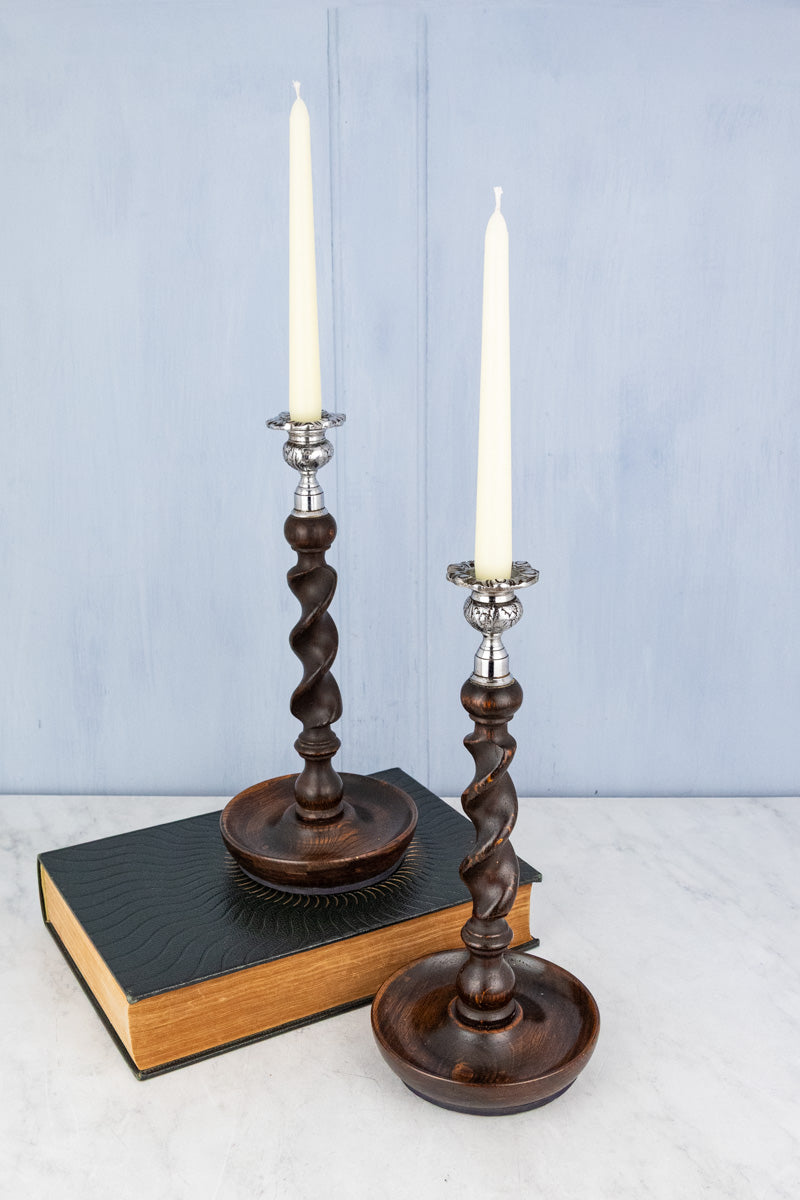 Antique English Silverplate & Barley Twist Wood Candlestick Pair