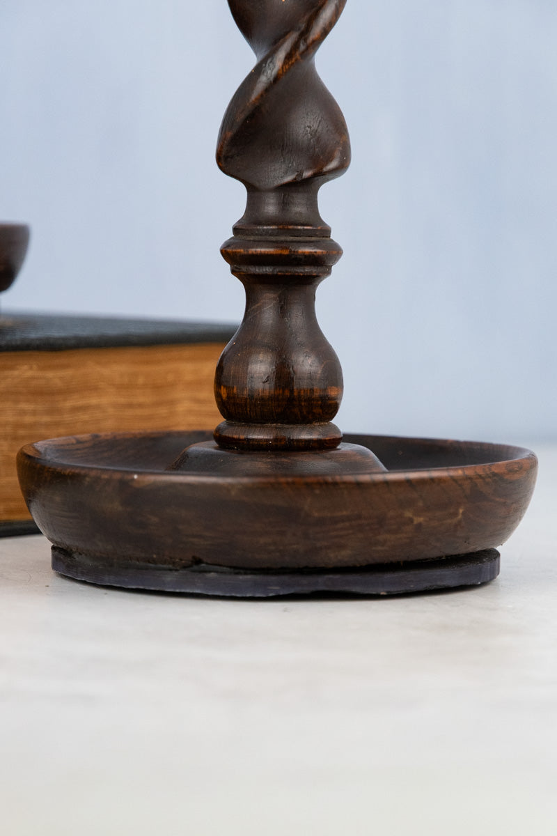 Antique English Silverplate & Barley Twist Wood Candlestick Pair