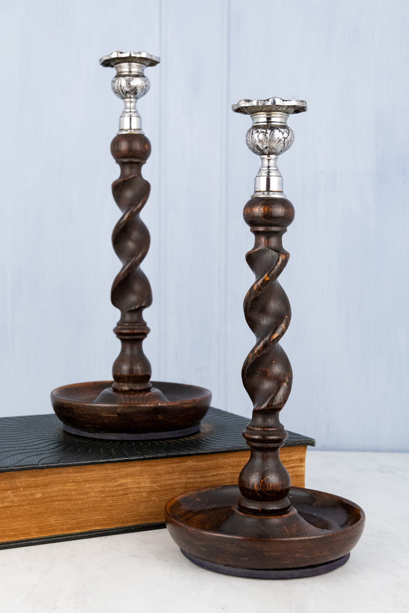 Antique English Silverplate & Barley Twist Wood Candlestick Pair