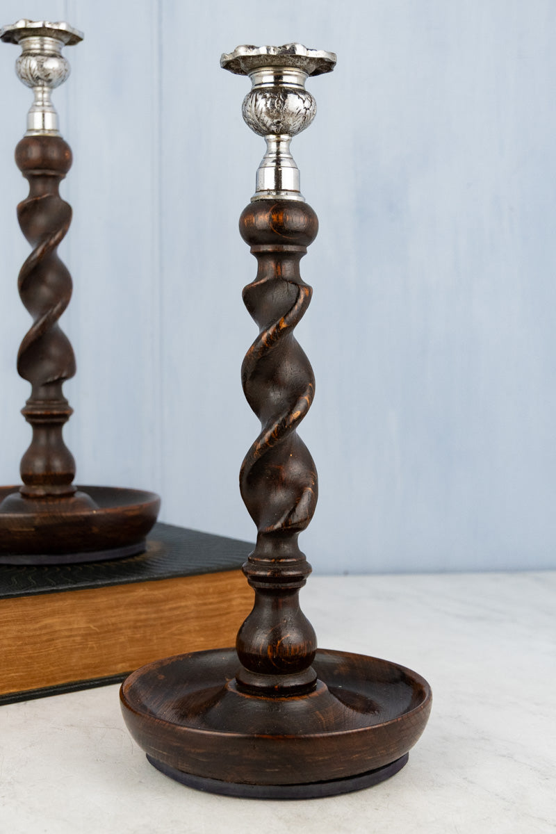 Antique English Silverplate & Barley Twist Wood Candlestick Pair