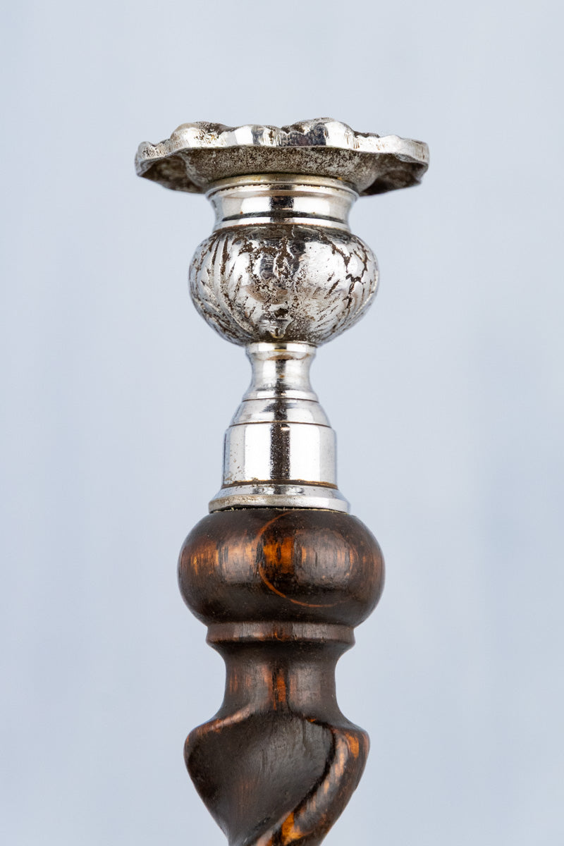 Antique English Silverplate & Barley Twist Wood Candlestick Pair