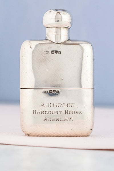 Edwardian 1907 Sterling Silver Harcourt House Flask with Cup