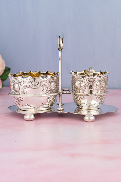 Victorian English Silverplate Milk and Sugar Set in Stand