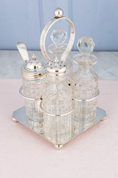 Antique English Silverplate & Crystal Cruet Set & Stand