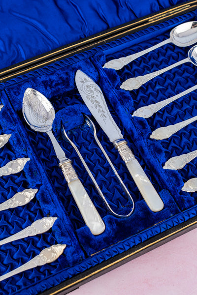 Antique English Silverplate & Mother of Pearl Tea Cutlery for 12