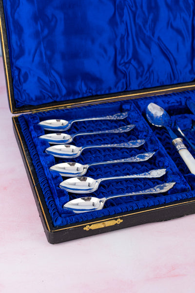 Antique English Silverplate & Mother of Pearl Tea Cutlery for 12