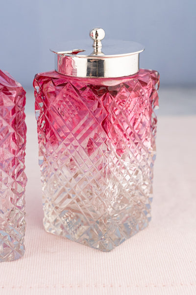 Antique English Silverplate & Blush Cut Crystal Condiment Stand