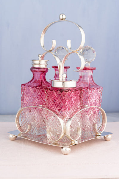 Antique English Silverplate & Blush Cut Crystal Condiment Stand