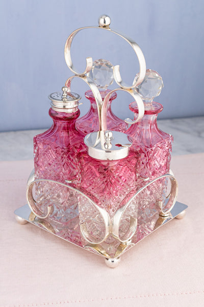Antique English Silverplate & Blush Cut Crystal Condiment Stand