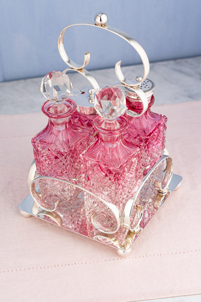 Antique English Silverplate & Blush Cut Crystal Condiment Stand