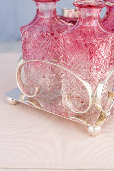 Antique English Silverplate & Blush Cut Crystal Condiment Stand