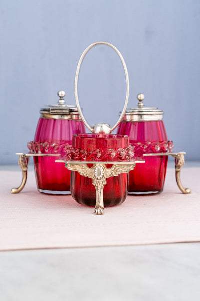 Antique English Silverplate and Cranberry Glass Condiment Stand