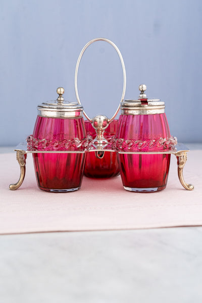 Antique English Silverplate and Cranberry Glass Condiment Stand