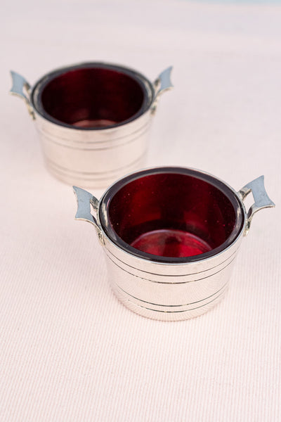 Antique English Silverplate and Cranberry Glass Salier Set