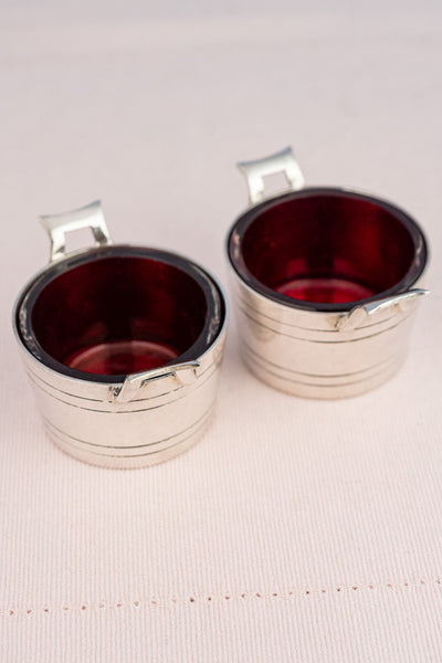 Antique English Silverplate and Cranberry Glass Salier Set