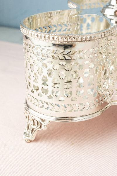 Antique English Cut Crystal Three Decanter Set in Silverplate Stand