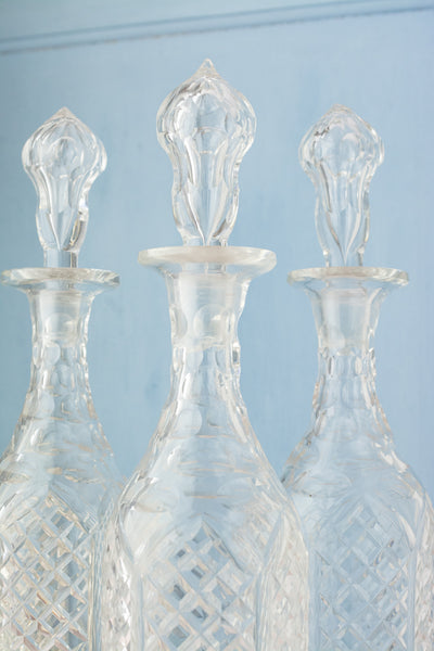 Antique English Cut Crystal Three Decanter Set in Silverplate Stand