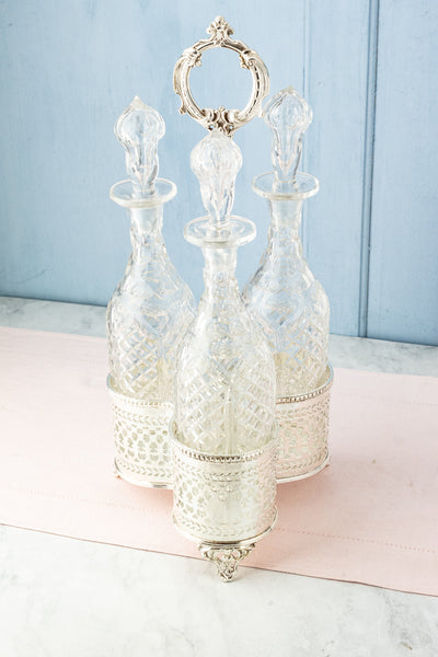Antique English Cut Crystal Three Decanter Set in Silverplate Stand