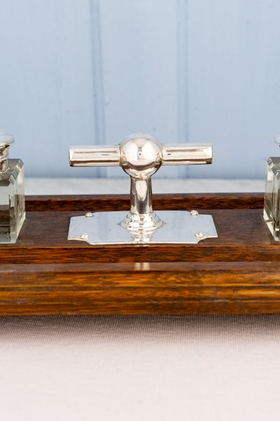 Antique English Silverplate and Oak Desk Stand