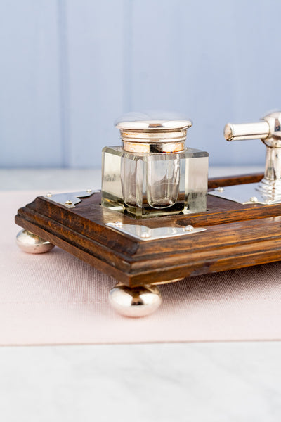 Antique English Silverplate and Oak Desk Stand