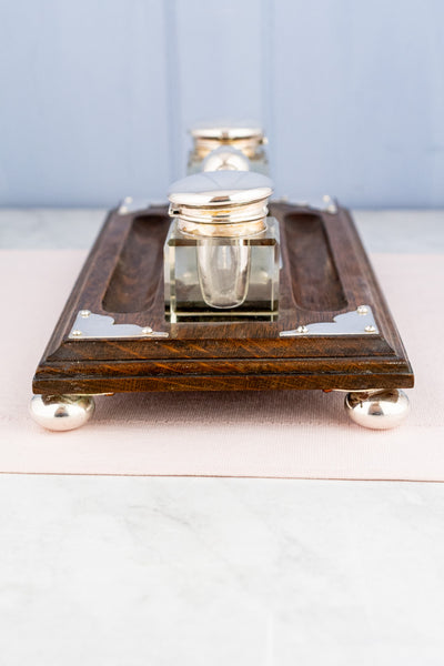 Antique English Silverplate and Oak Desk Stand