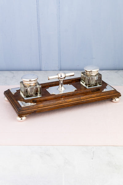 Antique English Silverplate and Oak Desk Stand