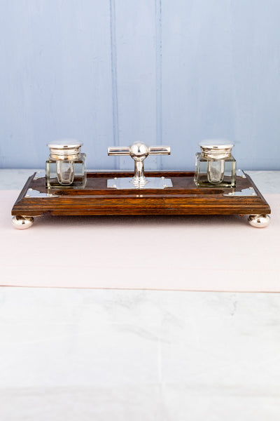 Antique English Silverplate and Oak Desk Stand