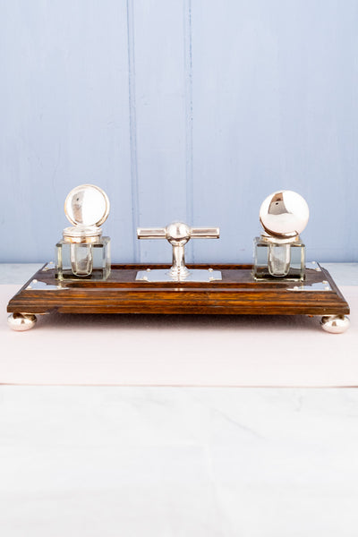 Antique English Silverplate and Oak Desk Stand