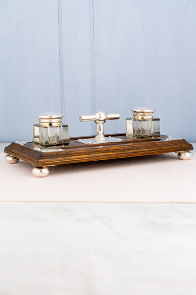 Antique English Silverplate and Oak Desk Stand