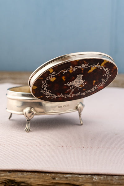 Antique English Tortoise Shell & Sterling Oval Jewelry Box