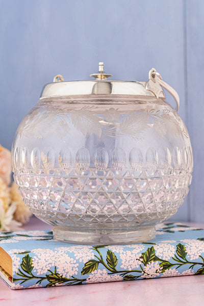 Antique English Engraved Crystal & Silverplate Biscuit Barrel