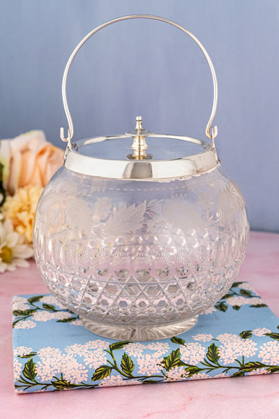 Antique English Engraved Crystal & Silverplate Biscuit Barrel