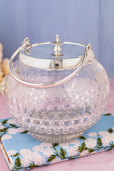 Antique English Engraved Crystal & Silverplate Biscuit Barrel