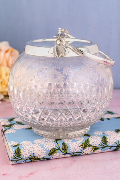 Antique English Engraved Crystal & Silverplate Biscuit Barrel