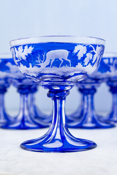 Antique Etched Cobalt Coupe - Set of 10