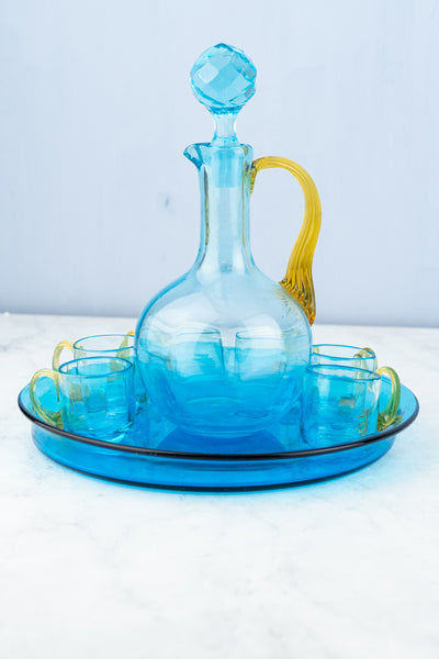 Antique French Blue & Amber Glass Liqueur Set