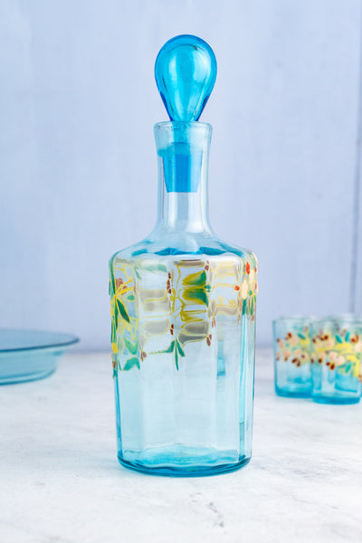 Antique French Enameled Glass Decanter with Glasses & Tray