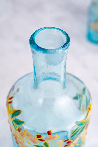 Antique French Enameled Glass Decanter with Glasses & Tray