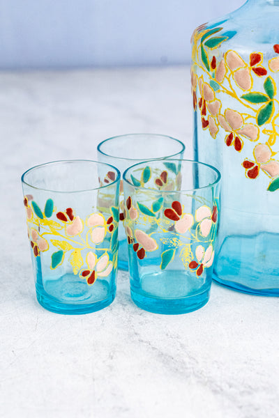 Antique French Enameled Glass Decanter with Glasses & Tray