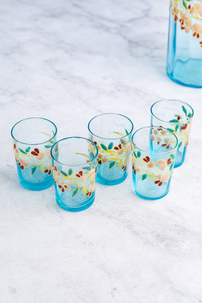 Antique French Enameled Glass Decanter with Glasses & Tray