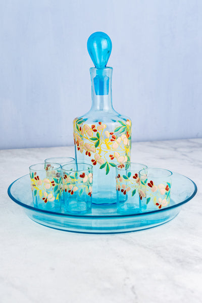 Antique French Enameled Glass Decanter with Glasses & Tray