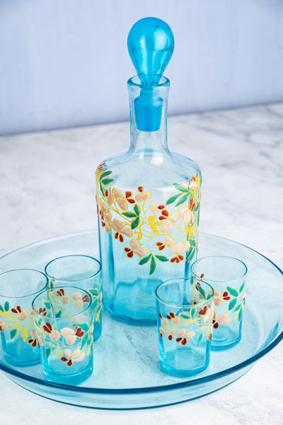 Antique French Enameled Glass Decanter with Glasses & Tray