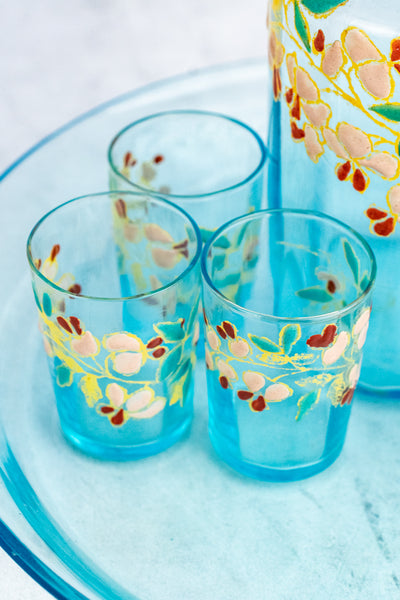 Antique French Enameled Glass Decanter with Glasses & Tray