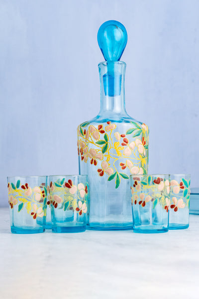 Antique French Enameled Glass Decanter with Glasses & Tray