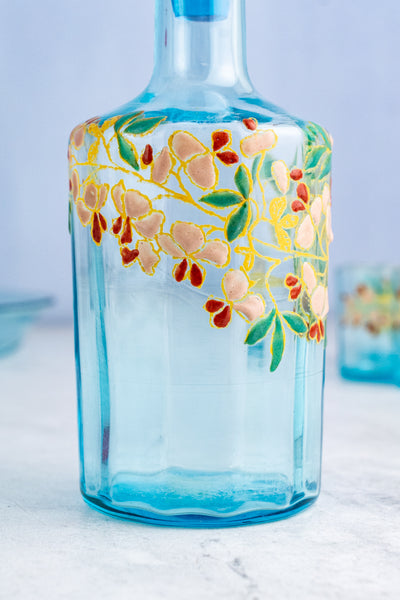 Antique French Enameled Glass Decanter with Glasses & Tray