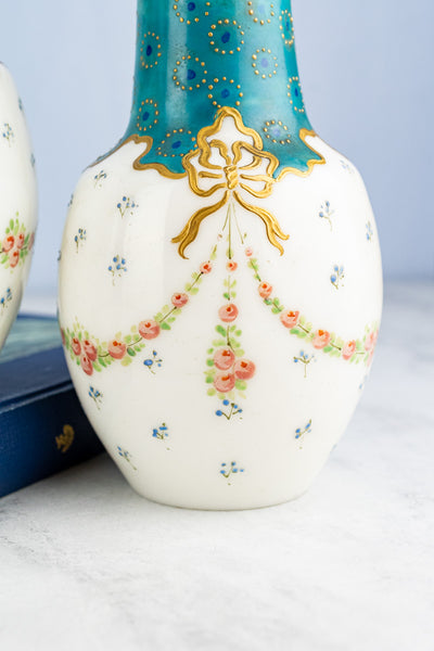 Antique French Hand-Painted Glass Vase Pair