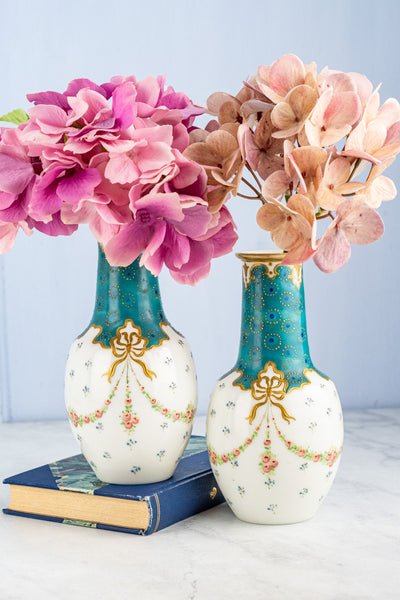 Antique French Hand-Painted Glass Vase Pair