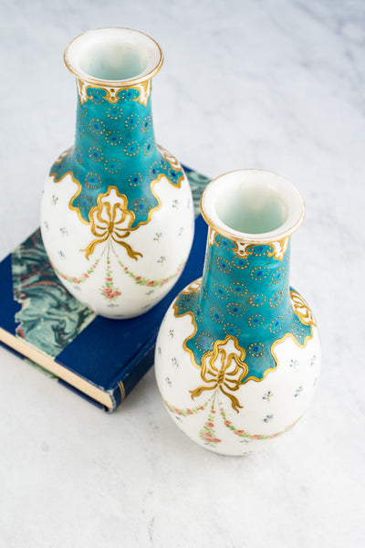 Antique French Hand-Painted Glass Vase Pair