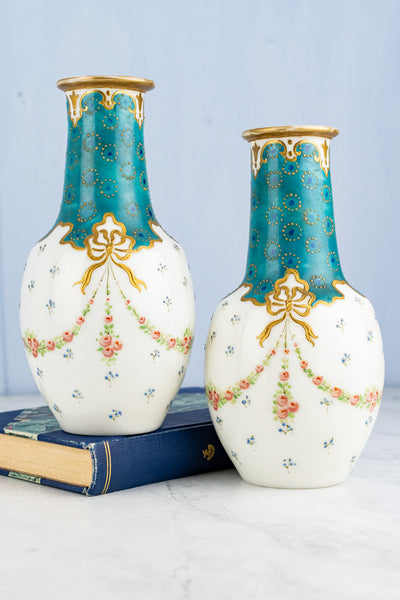 Antique French Hand-Painted Glass Vase Pair